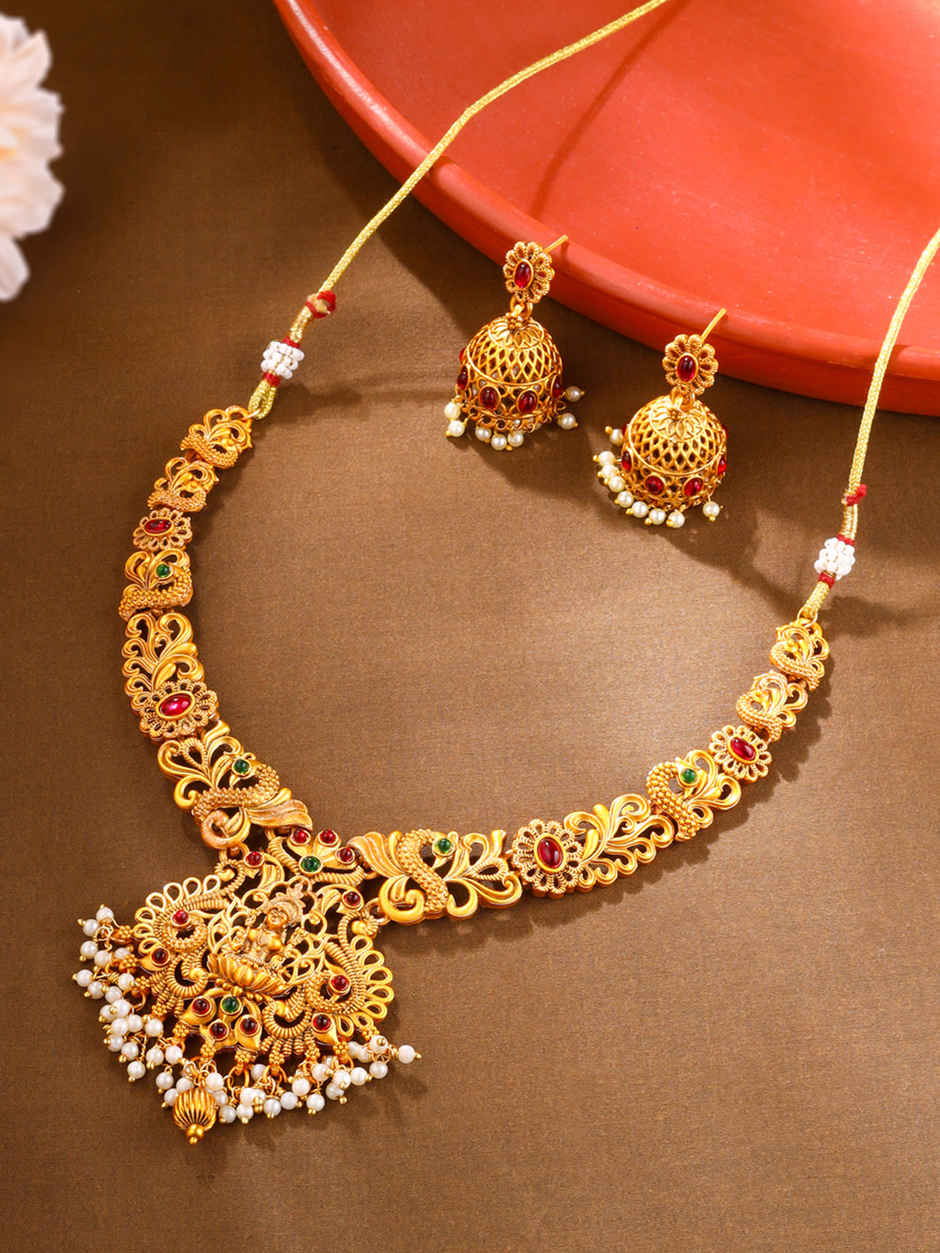 Yellow Chimes Gold-Plated Temple Necklace Set For Women
