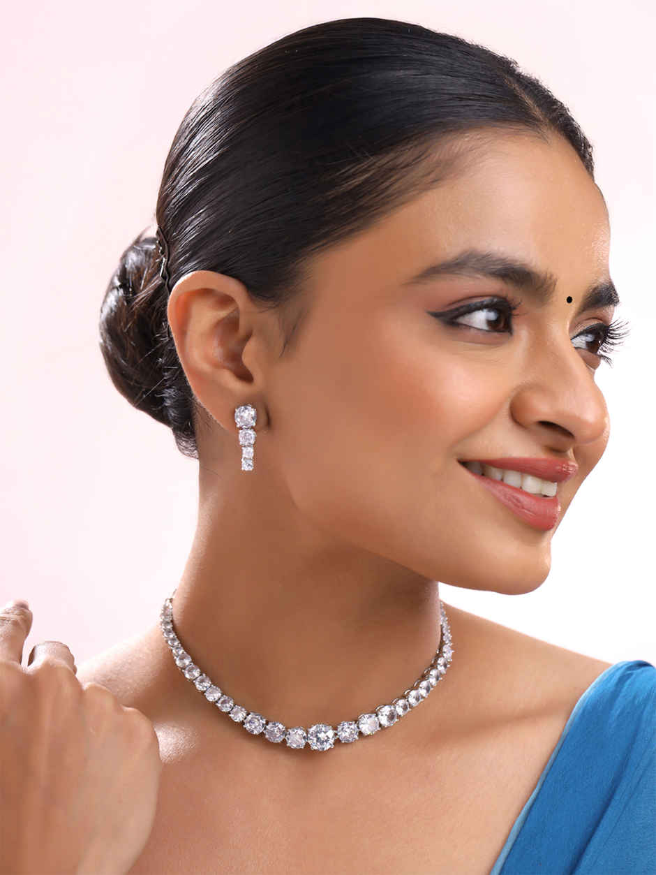 Yellow Chimes American Diamond Necklace Set White Stone Jewellery for Women