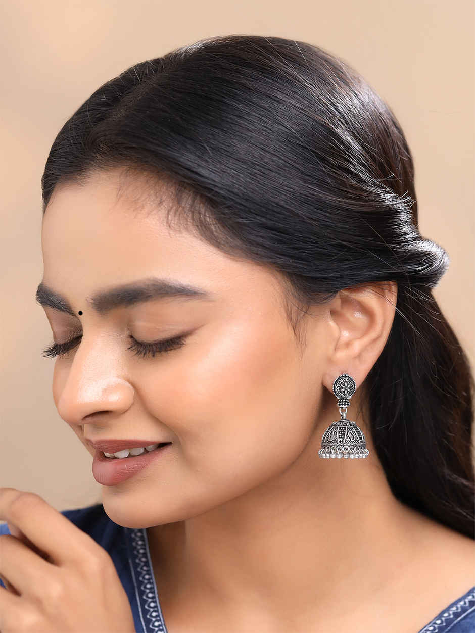 Yellow Chimes Traditional Silver Oxidized Jhumka Set for Women