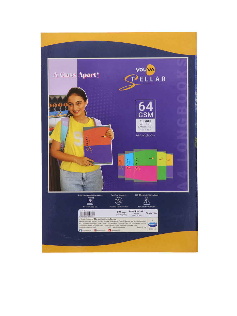 Navneet Youva Soft Bound Single Line Long Notebook (276 Pages, A4 size 21 cm x 29.7 cm)