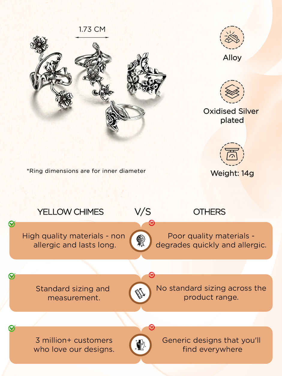 Yellow Chimes 4 Pcs Oxidised Ring Set for Women, Boho Vintage Floral Rings