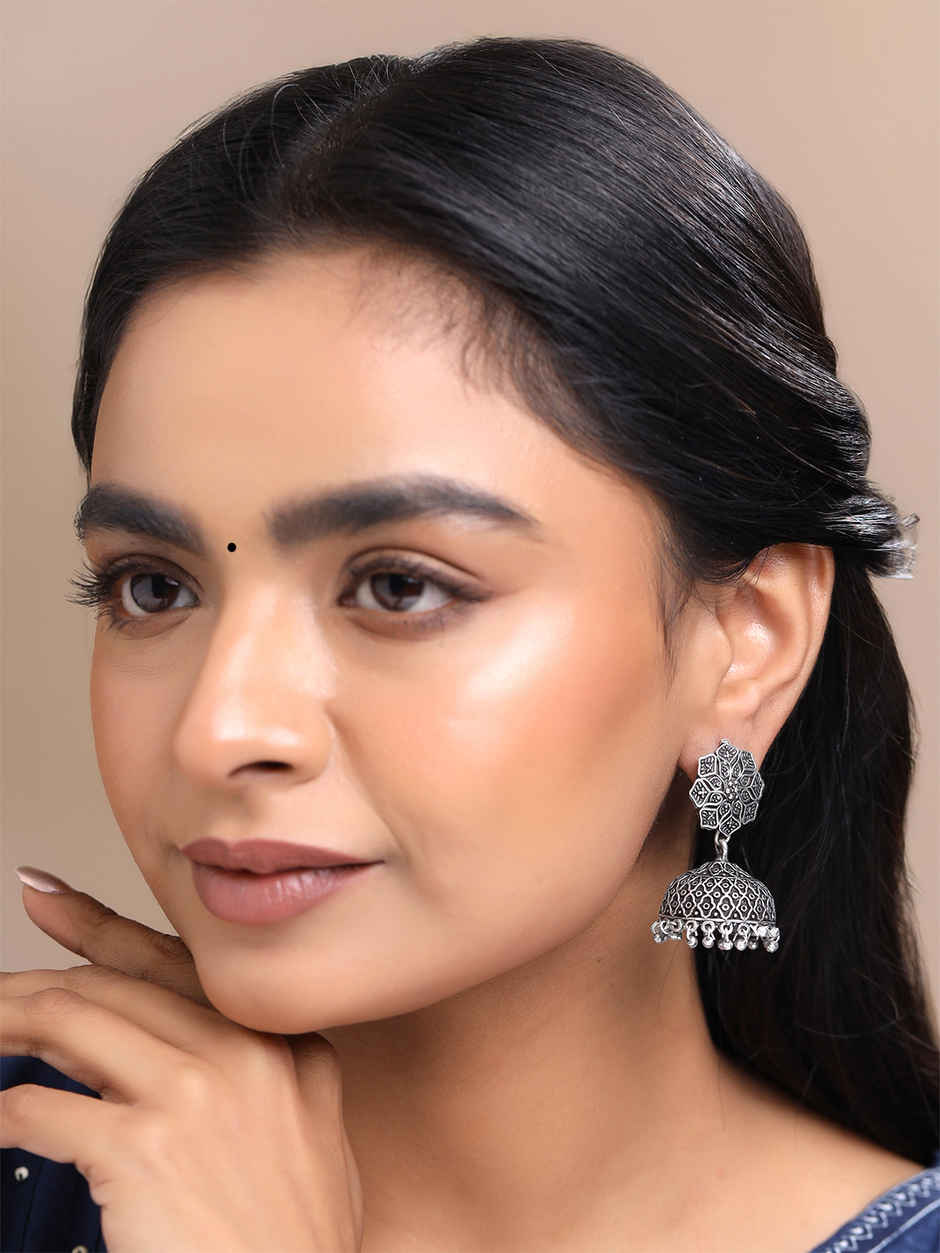 Yellow Chimes Traditional Silver Oxidized Jhumka Set for Women