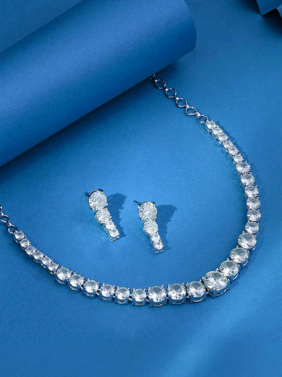 Yellow Chimes American Diamond Necklace Set White Stone Jewellery for Women