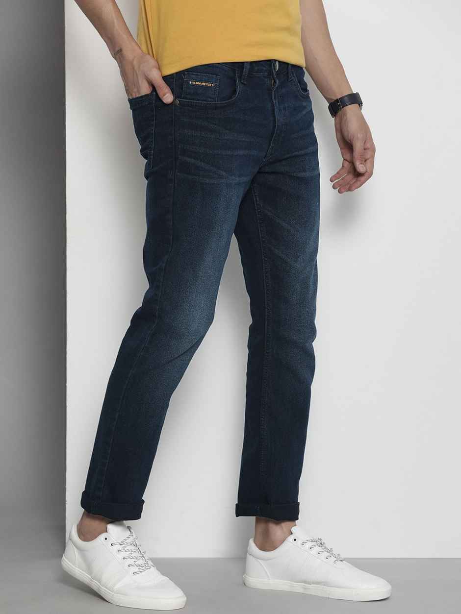 The Indian Garage Co Men's Slim Fit Solid Mid Rise Jeans | Dark Blue - 30