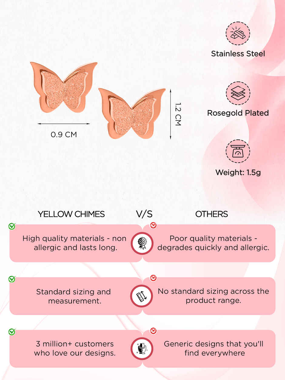 Yellow Chimes Earrings | Rose Gold Studs | Butterfly Shaped | Birthday Gift for Women