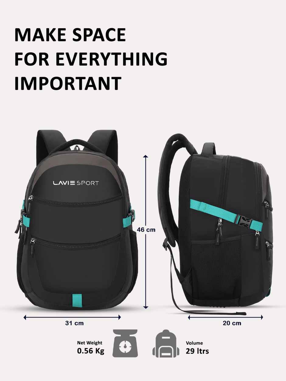 Lavie Sport Unisex Solid Polyester Padded Grab Handle Laptop Backpack | Black | M (31 x 20 x 46 cm)
