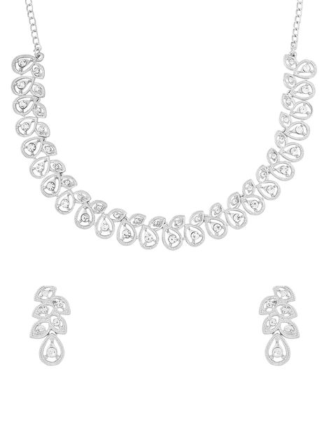 Yellow Chimes Silver-Plated White Crystal Studded Jewellery Set