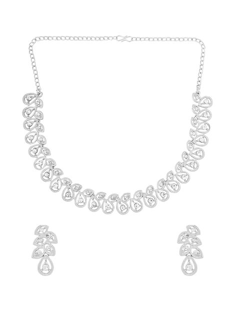 Yellow Chimes Silver-Plated White Crystal Studded Jewellery Set