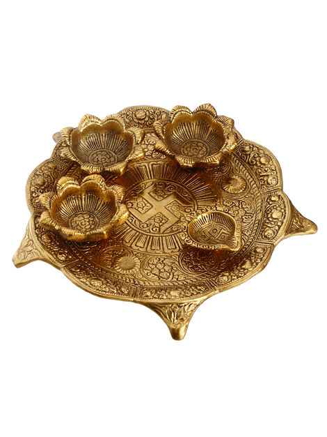 eCraftIndia Golden Metal Swastik Designer Pooja Thali with 3 Bowls and 1 Diya