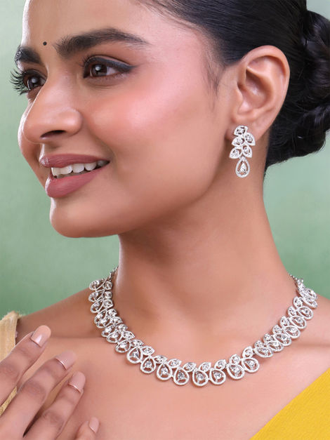 Yellow Chimes Silver-Plated White Crystal Studded Jewellery Set