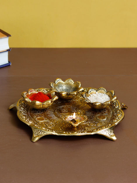 eCraftIndia Golden Metal Swastik Designer Pooja Thali with 3 Bowls and 1 Diya