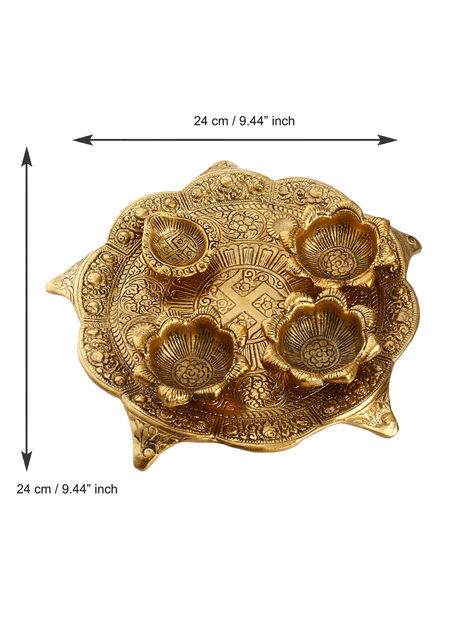 eCraftIndia Golden Metal Swastik Designer Pooja Thali with 3 Bowls and 1 Diya