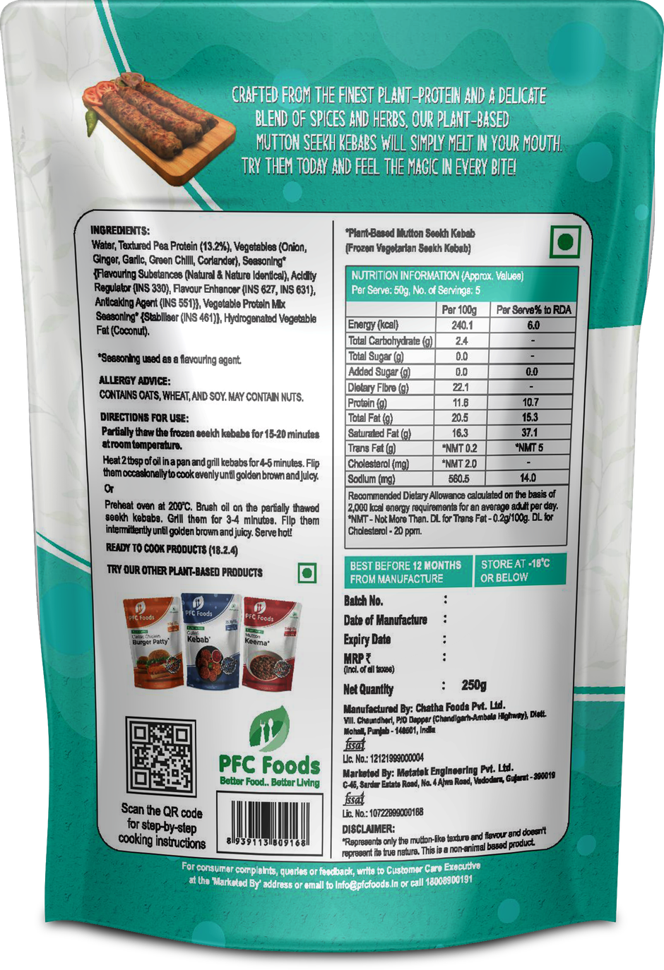 Pfc FOODs Plant Based Mutton Seekh Kebab