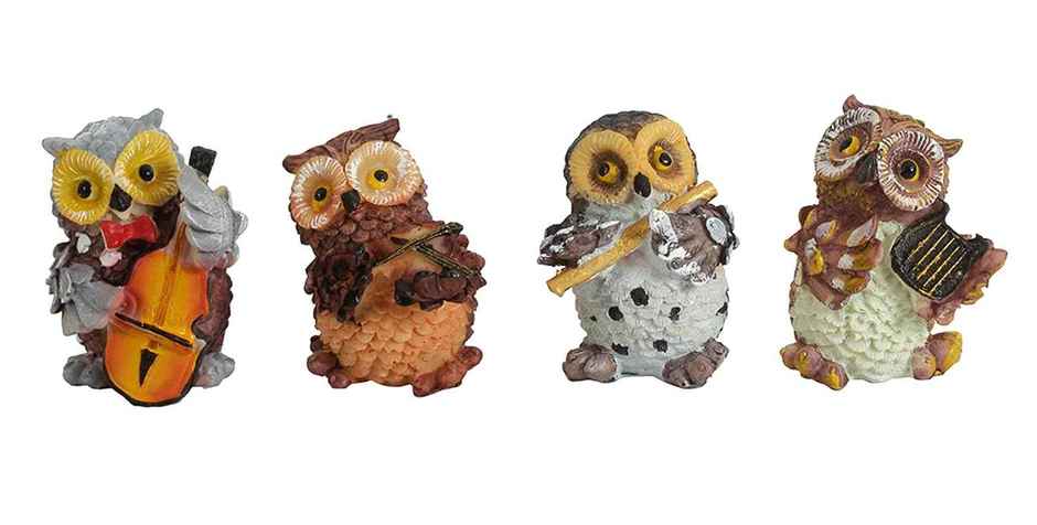 Tied Ribbons 4 Pcs Owls Playing Musical Instruments Showpiece