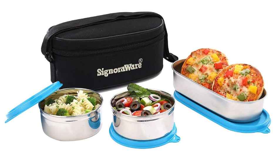 Signoraware Double Decker Steel Lunch Box with Bag | Set of 3 | Blue | Steel Tiffin Box