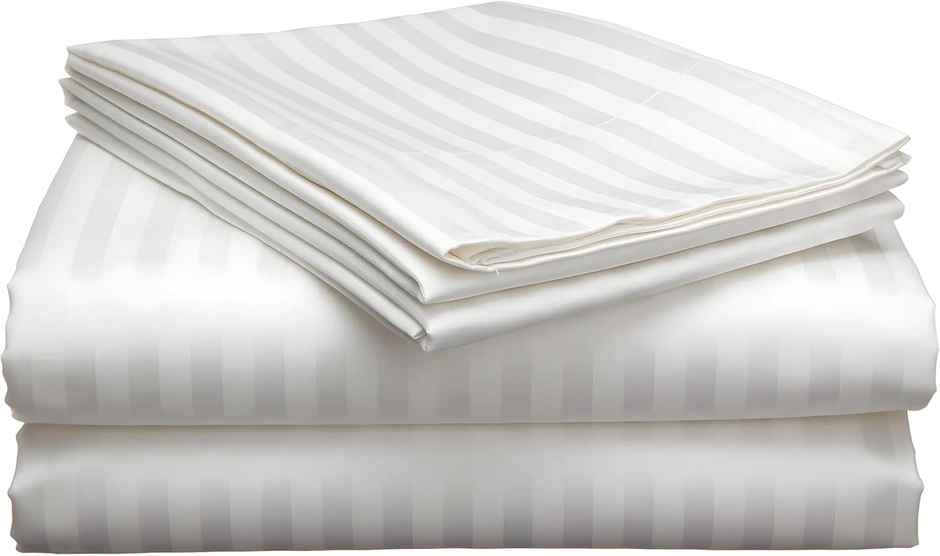 BAY6 100% Cotton 210 TC Satin Stripe Super King Bedsheet - 108 x 108 Inch, White