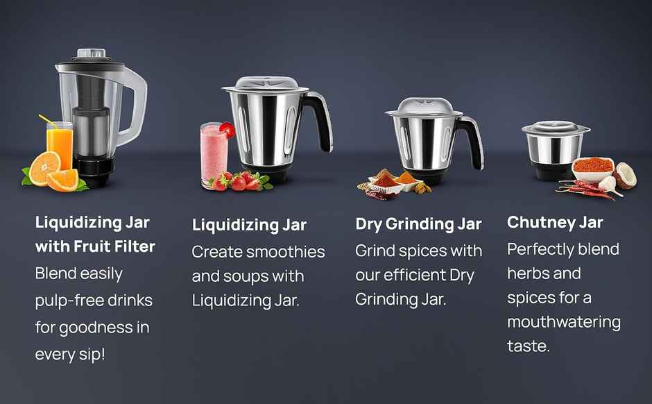 Wipro Elato FMG206 Mixer Grinder | 1000W | 4 Jars | Heavy Duty 100% Copper Motor - Black