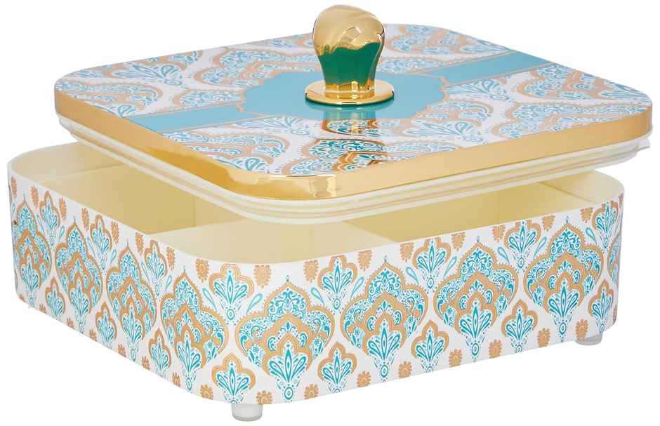 Youbee Dry Fruit Container Tray & Lid Plastic Dry Food Storage Box Gifting Set With 4 Section Blue