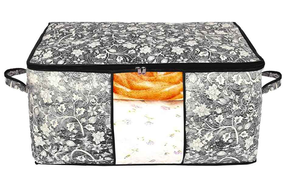 Kuber Industries Flower Foldable Non Woven Underbed Storage Bag with Transparent Window (Black)