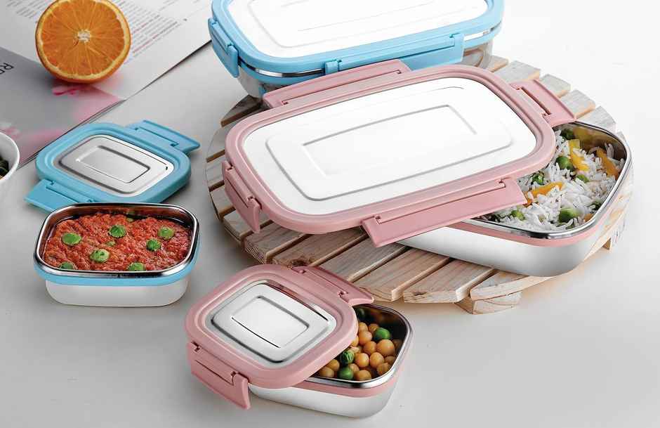 Ganesh Craze Stainless Steel Tiffin Lunch Box With 4 Side Clip Lock(650Ml 1Pc + 140Ml 1 Pc) Pink
