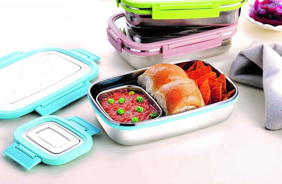 Ganesh Craze Stainless Steel Tiffin Lunch Box With 4 Side Clip Lock(650Ml 1Pc + 140Ml 1 Pc) Pink