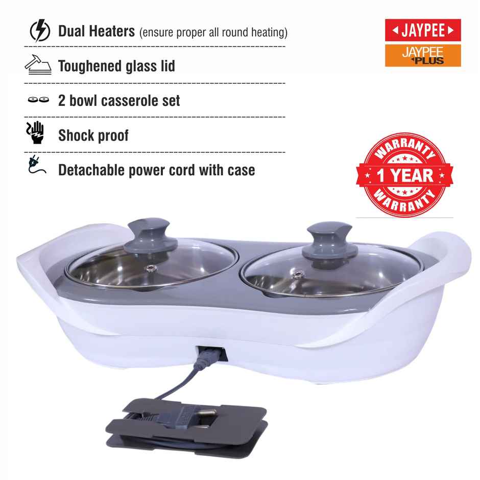 Jaypee Plus E-Warmer Stainless Steel Electric Casserole Set |2 in 1| removable Steel Bowl | White