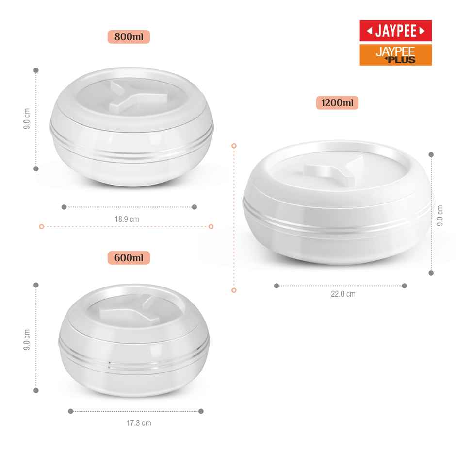 Jaypee Teen Bhoj Set of 3 Casseroles, Inner Stainless Steel, 600ml , 800ml & 1200ml | White