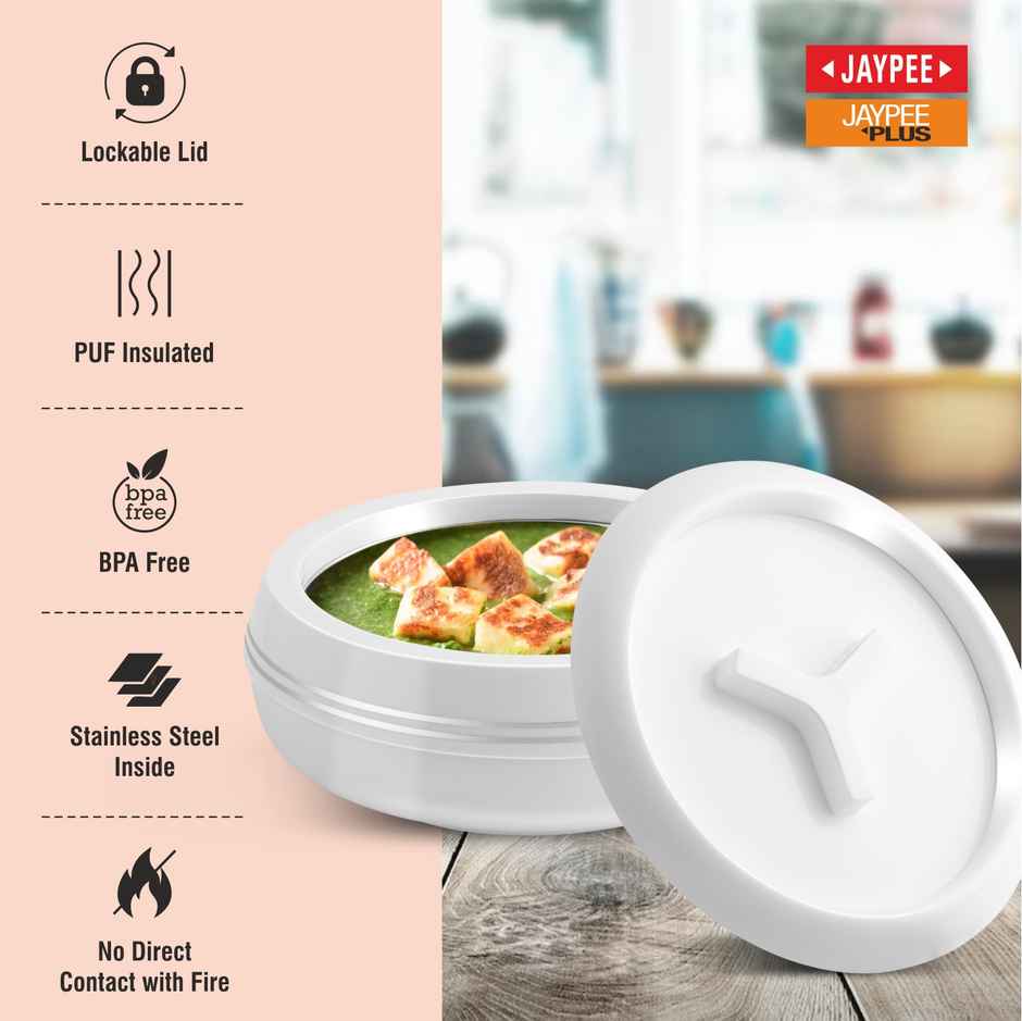 Jaypee Teen Bhoj Set of 3 Casseroles, Inner Stainless Steel, 600ml , 800ml & 1200ml | White