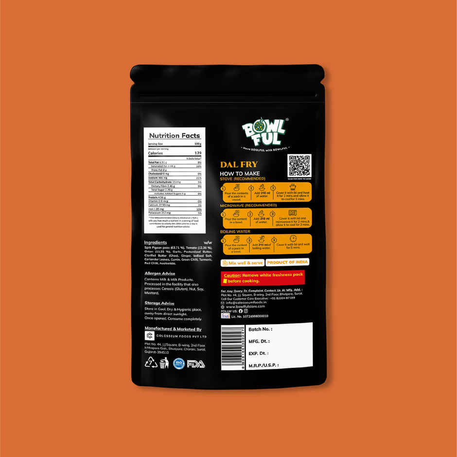 Bowlful Dal Fry Ready To Eat | Freeze Dried | Just Add Hot Water | No Preservatives