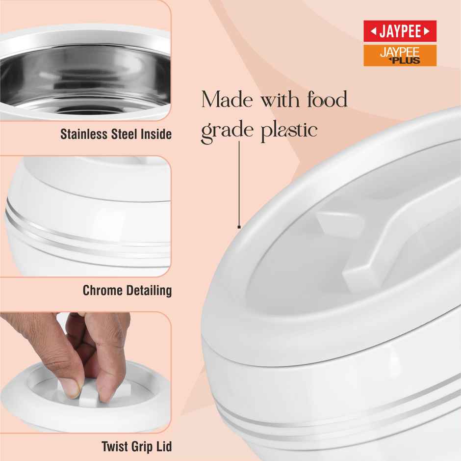 Jaypee Teen Bhoj Set of 3 Casseroles, Inner Stainless Steel, 600ml , 800ml & 1200ml | White