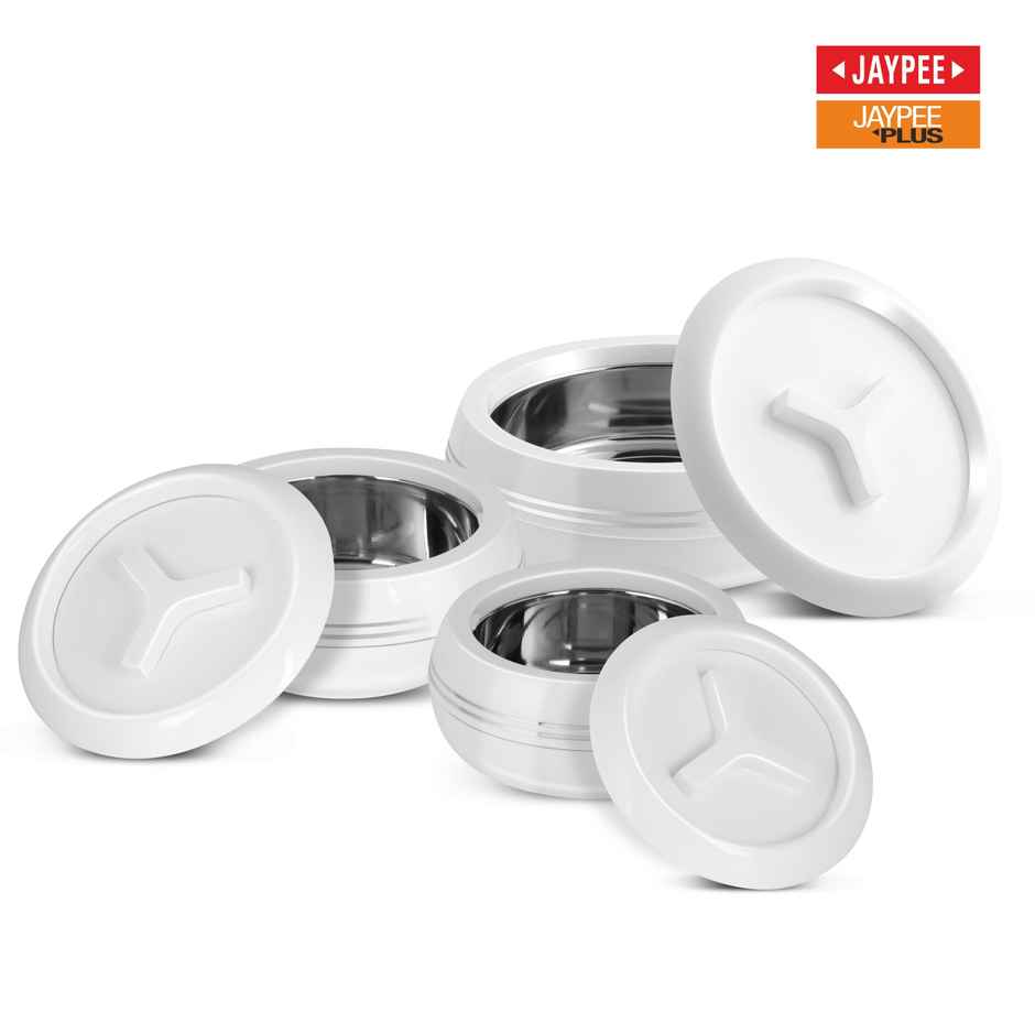 Jaypee Teen Bhoj Set of 3 Casseroles, Inner Stainless Steel, 600ml , 800ml & 1200ml | White