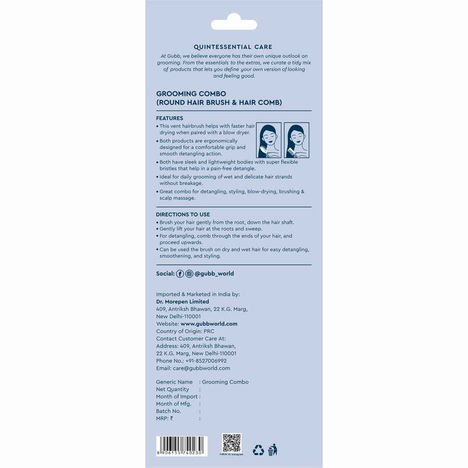 GUBB Grooming Combo Of Round Hair Brush + Hair Comb | Santorini Hues