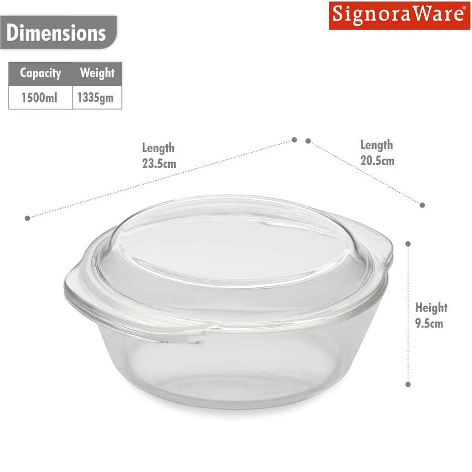 Signoraware Bake 'N' Serve Borosilicate Glass Casserole | 1500 ml | Transparent