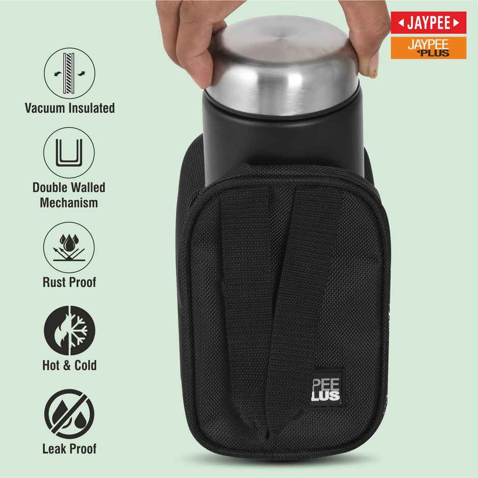 Jaypee Plus Nutri Jar Vacuum Insulated Stainless Steel Food Jar with Bag & Spoon | Black - 400ml
