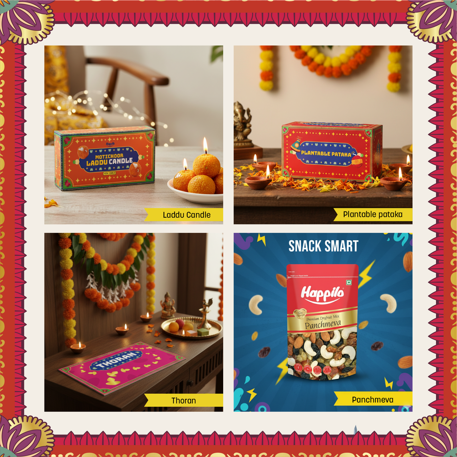Happilo Dhamaka Gift Box| Plantable Pataka| Date Bites|Motichoor Ladoo Candle | Toran