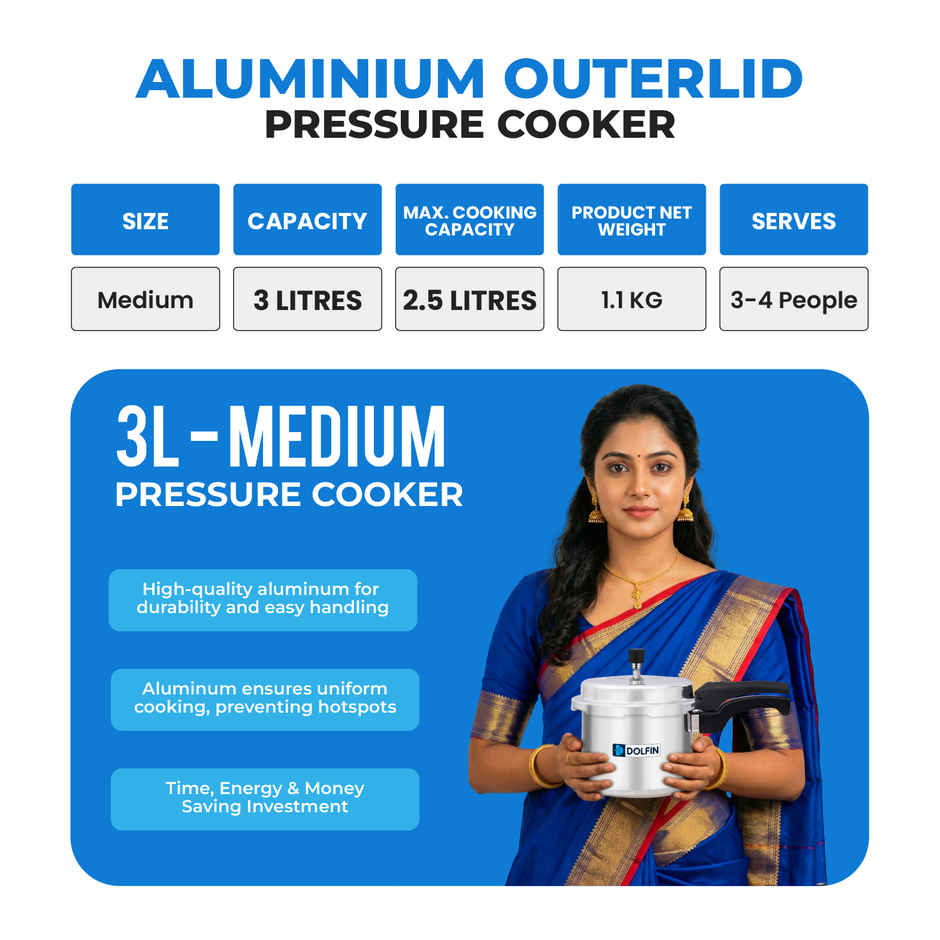 Dolfin Aluminium Outer Lid Pressure Cooker - 3L | Gas and Induction Stove Compatible