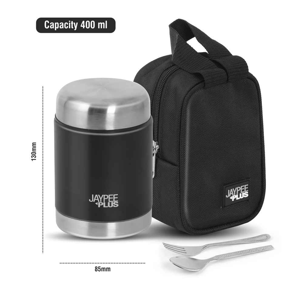 Jaypee Plus Nutri Jar Vacuum Insulated Stainless Steel Food Jar with Bag & Spoon | Black - 400ml