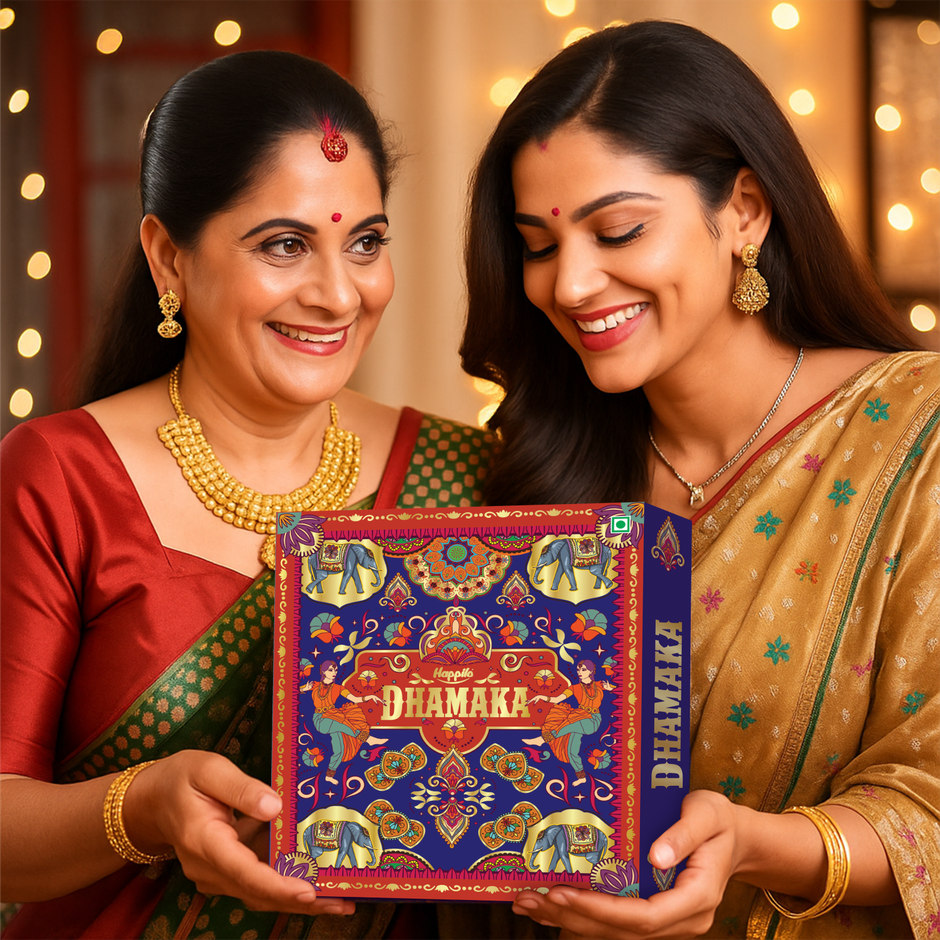 Happilo Dhamaka Gift Box| Plantable Pataka| Date Bites|Motichoor Ladoo Candle | Toran