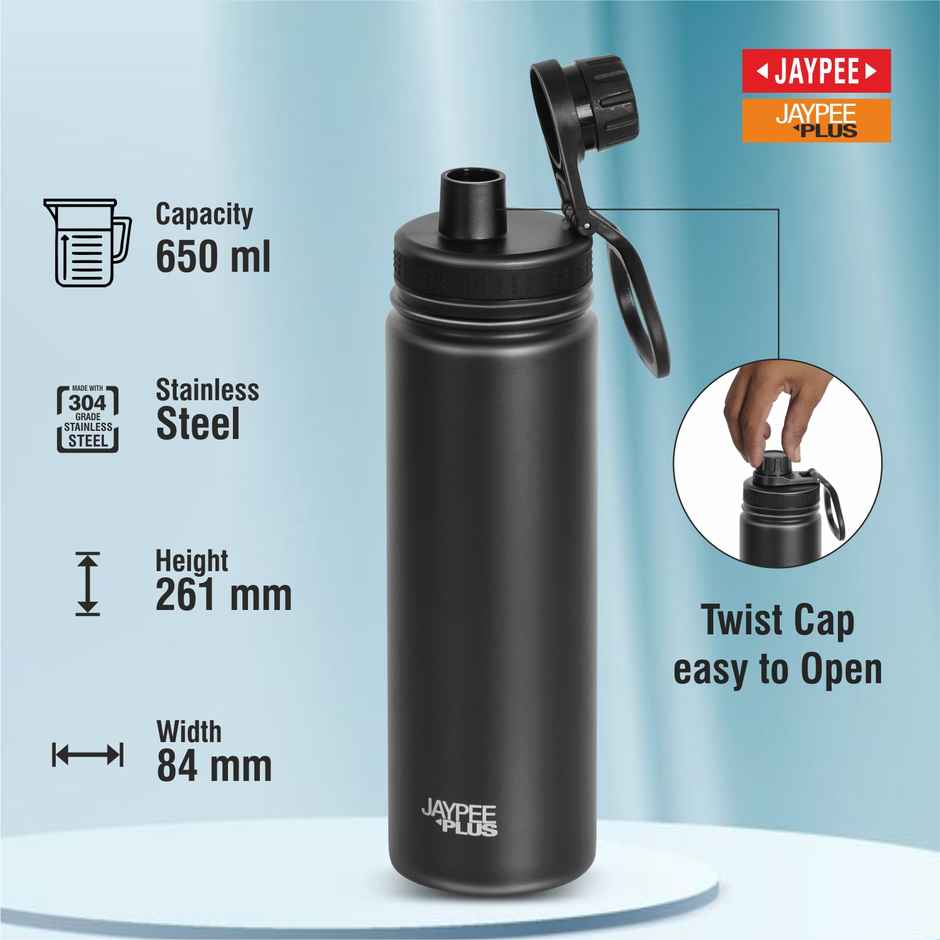 Jaypee Plus Hylux Vacuum Insulated Stainless Steel Bottle | ISI Certified | Black | 650 ml