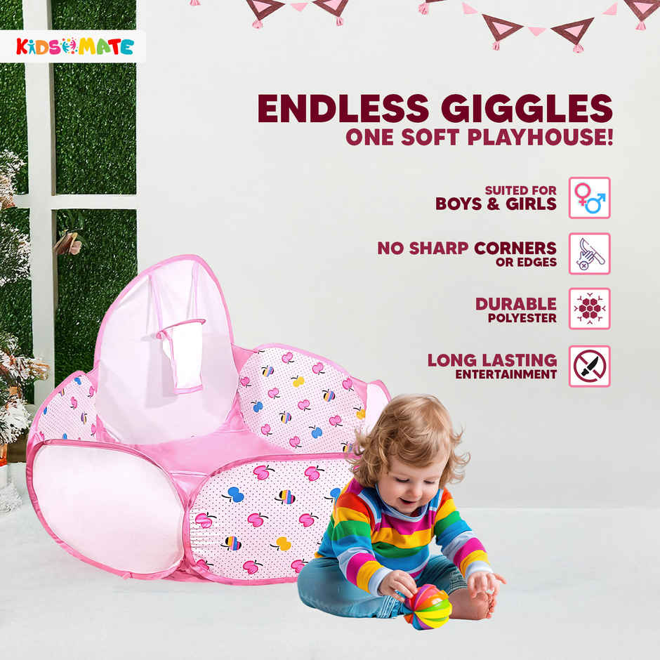 Kidsmate Foldable Hexa Ball Pool for Kids | Pop-Up Playhouse with Dotted Print & Mesh Walls | Pink