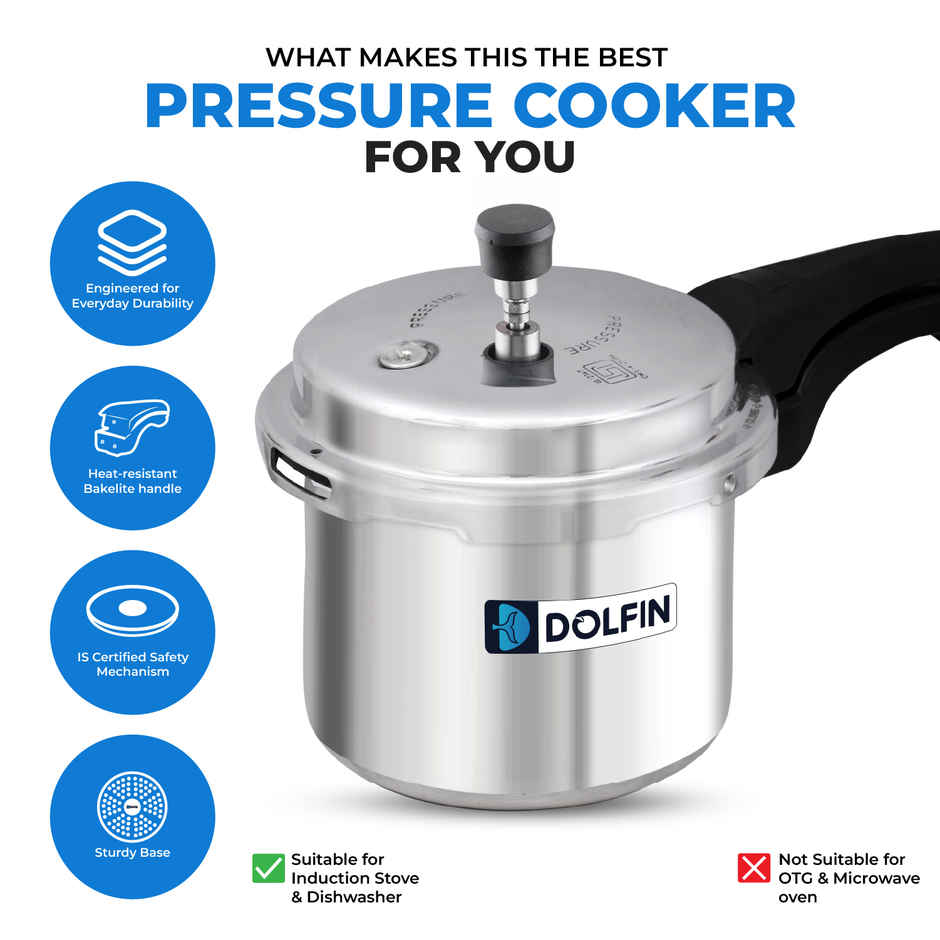 Dolfin Aluminium Outer Lid Pressure Cooker - 3L | Gas and Induction Stove Compatible