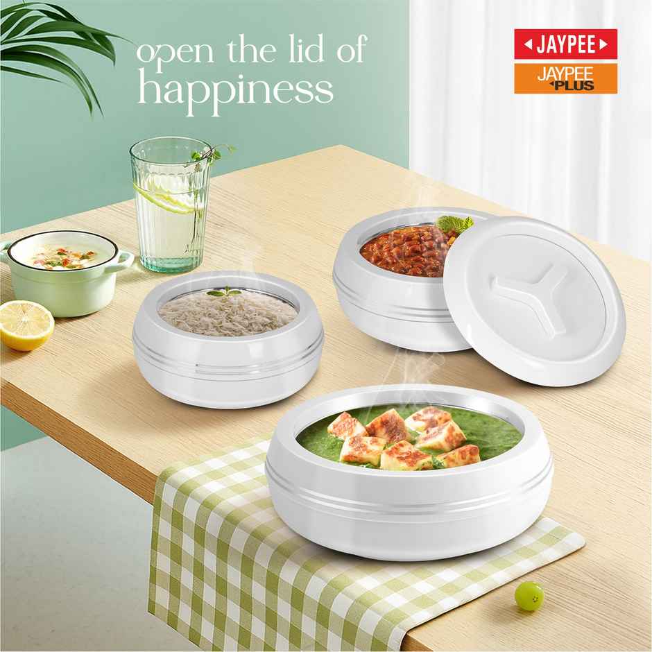 Jaypee Teen Bhoj Set of 3 Casseroles, Inner Stainless Steel, 600ml , 800ml & 1200ml | White