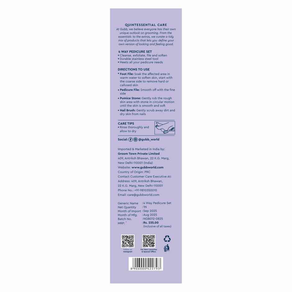 GUBB 4 Way Pedicure Set For Dead Skin Removal - Pumice Stone, Foot Brush, Foot Rasp & Foot File Set