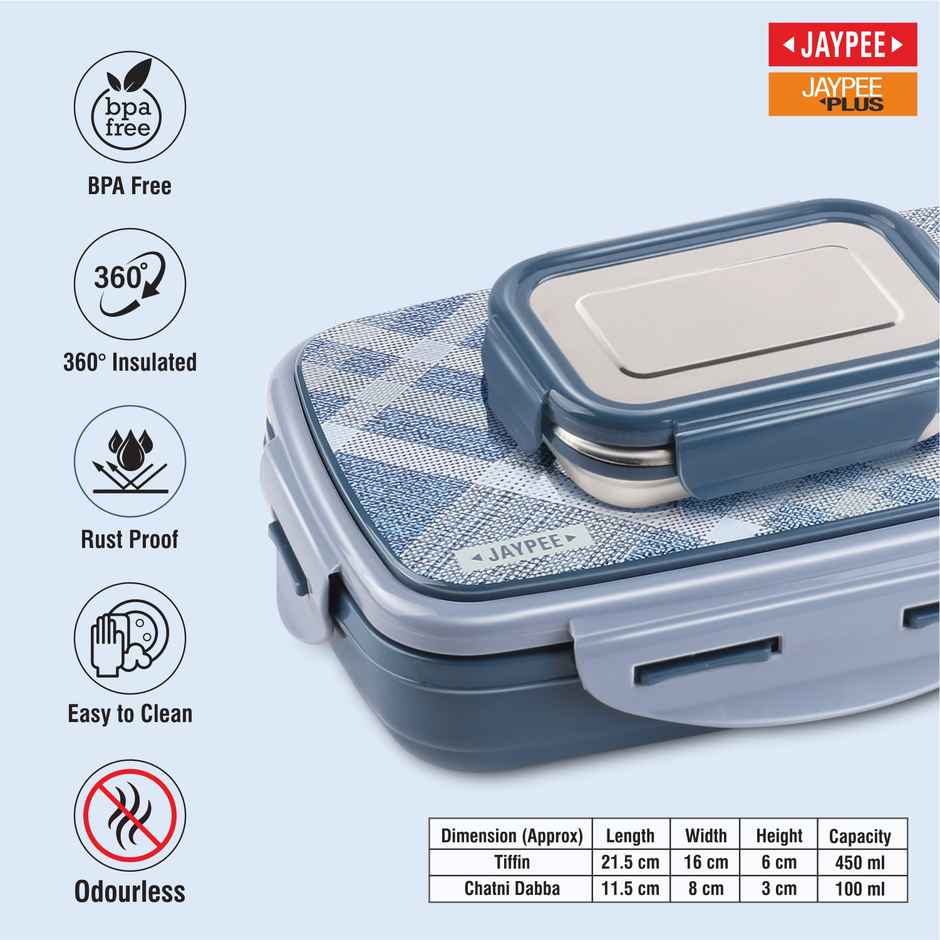 Jaypee Ecosteel Sr. Lunch Box with Spill Proof Box Inside | Inner stainless steel | Benz Blue - 500 ml