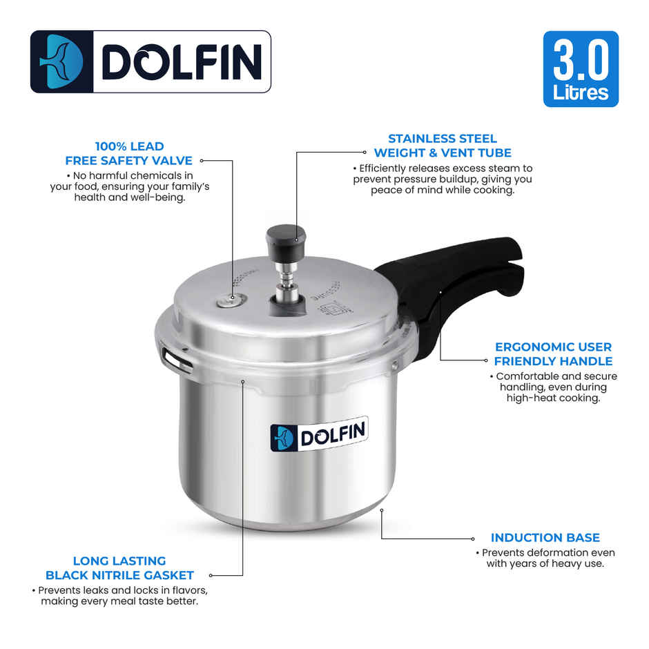 Dolfin Aluminium Outer Lid Pressure Cooker - 3L | Gas and Induction Stove Compatible