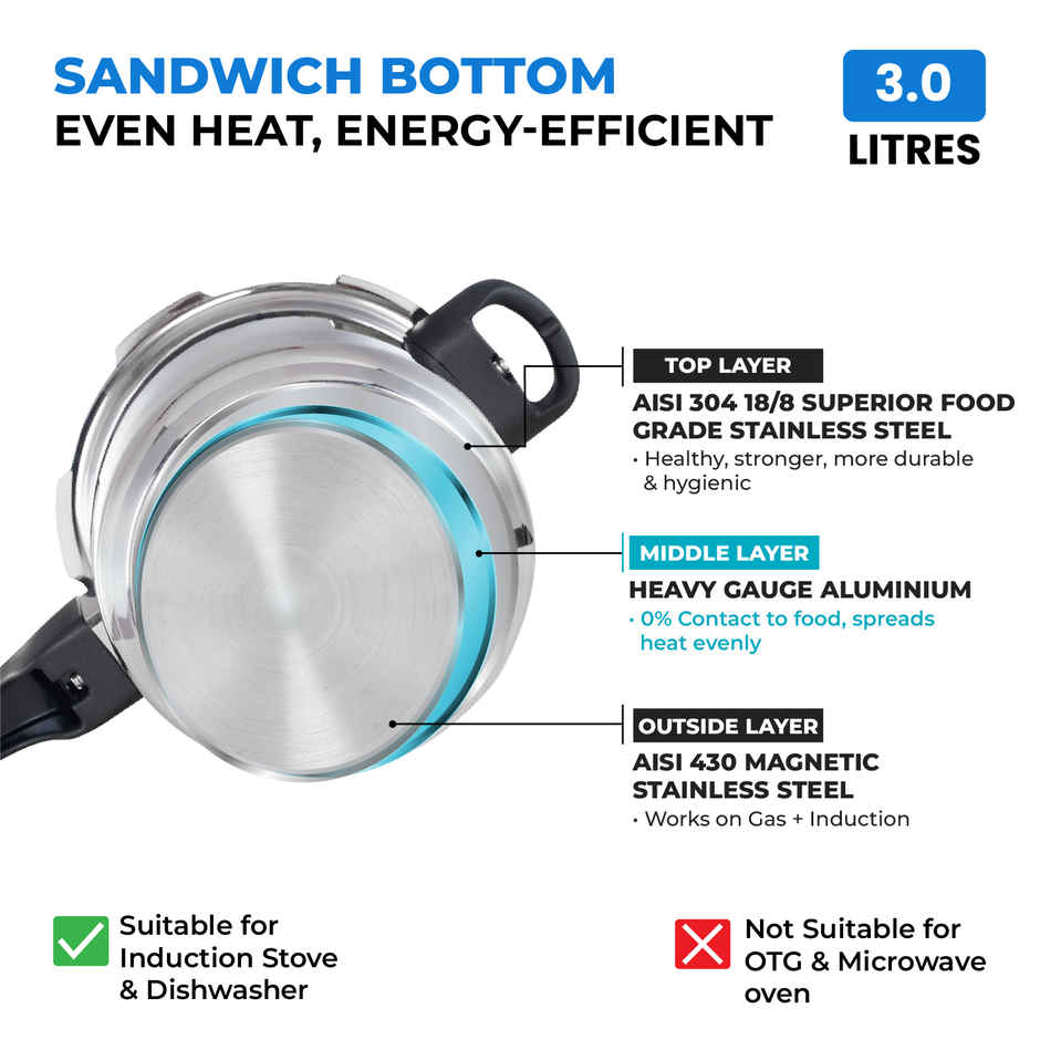 Dolfin Stainless Steel Outer Lid Pressure Cooker Induction Bottom - 3 L