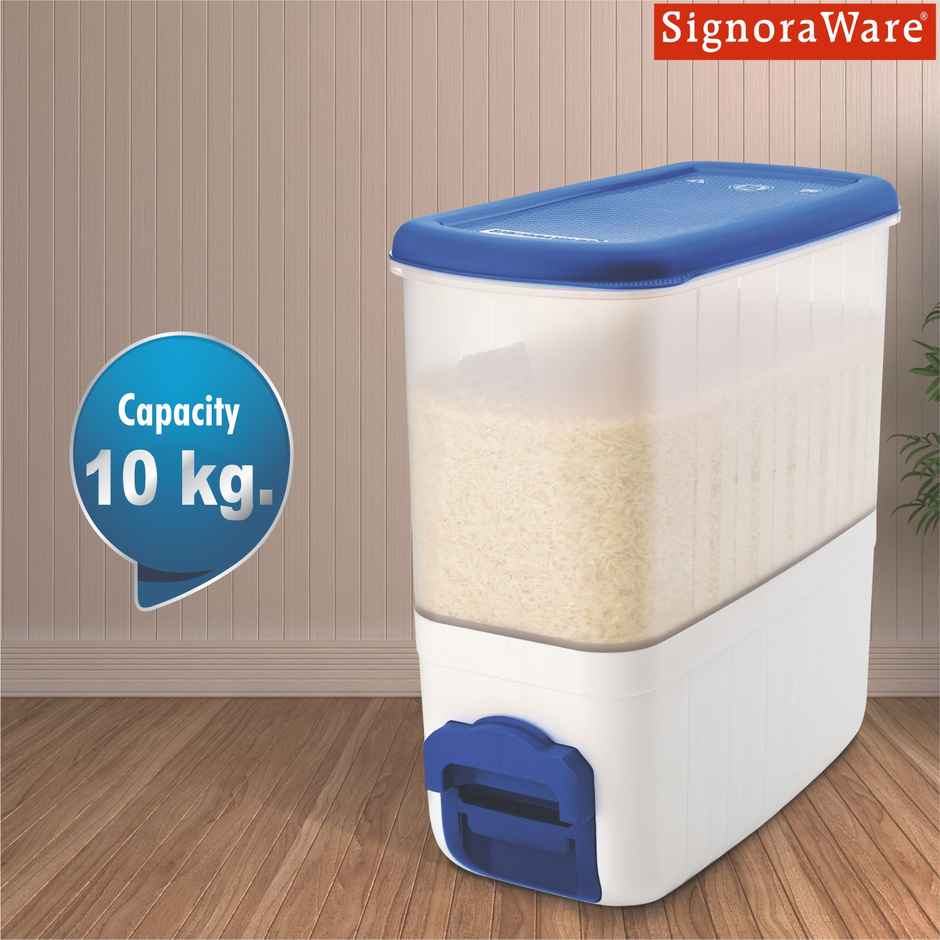 Signoraware Rice Dispenser Container | 10 kg | Blue | Rice Storage Box
