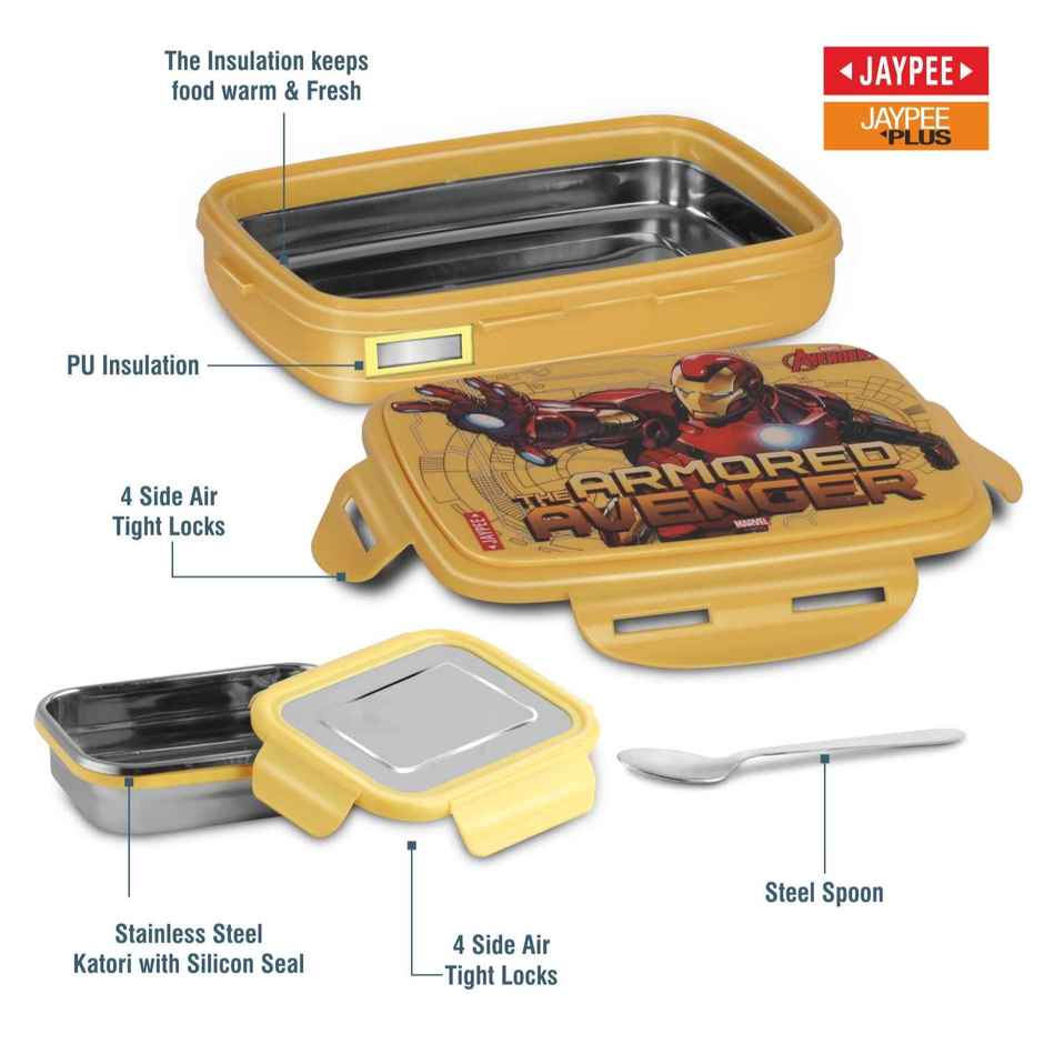 Jaypee Steeltek Sr Insulated Airtight Lunch Box Marvel Avenger Print for School Kids, Yellow, 600ml