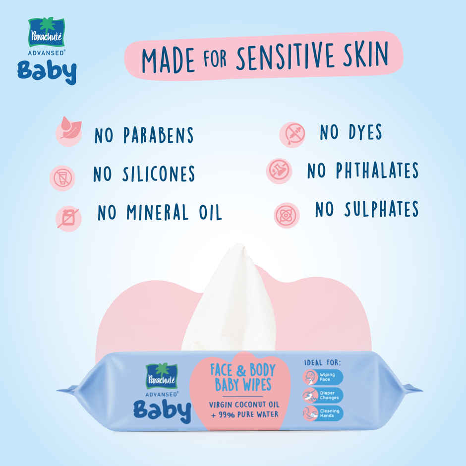 Parachute Advansed Baby Face & Body Baby Wipes with Virgin Coconut Oil & 99% Pure Water