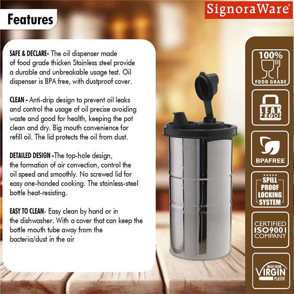 Signoraware Easy Flow Steel Oil Dispenser 650 ml | Food Grade Stainless Steel - Assorted